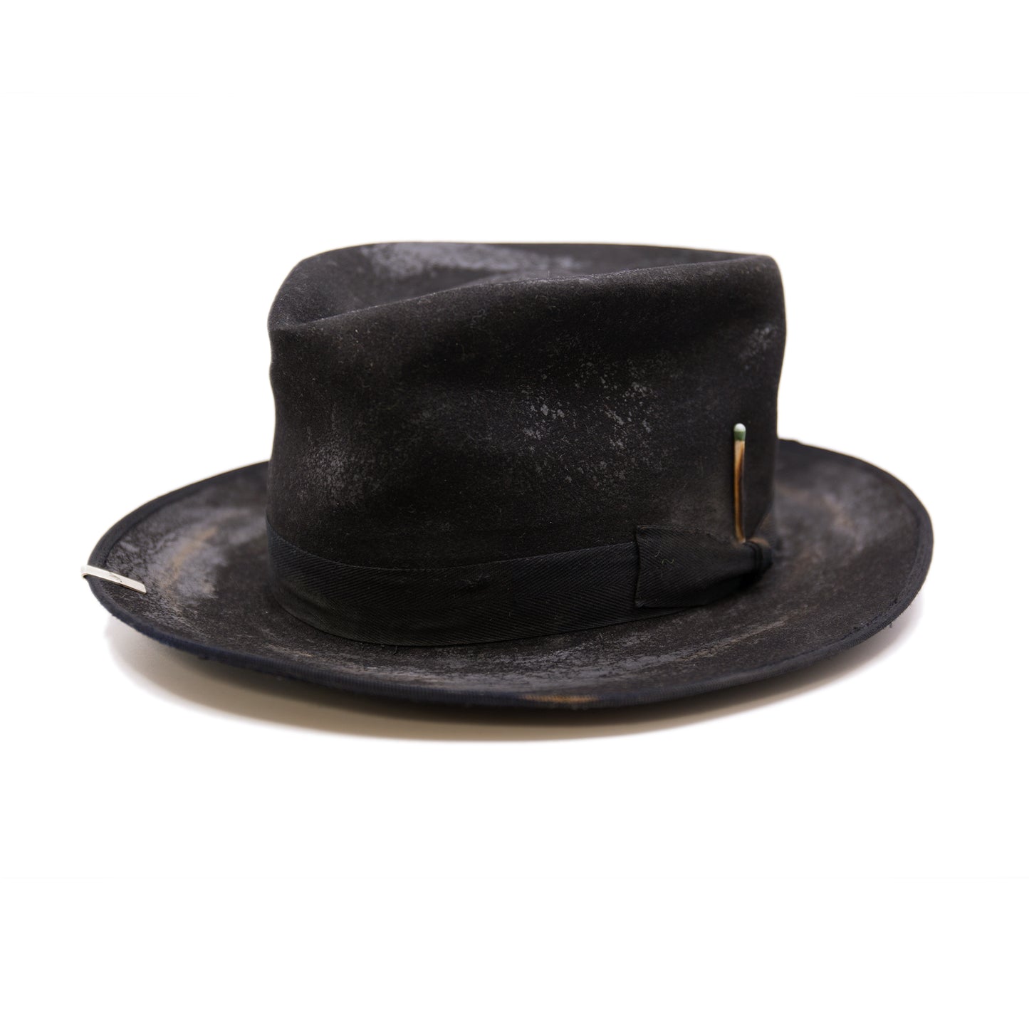 Nautholsvik 100% felt hat in Black Dress Weight 1” tonal herringbone band & bow Distressed and crushed Stove top hat with baby binding Silver NF swag clip Flanged brim Made in USA