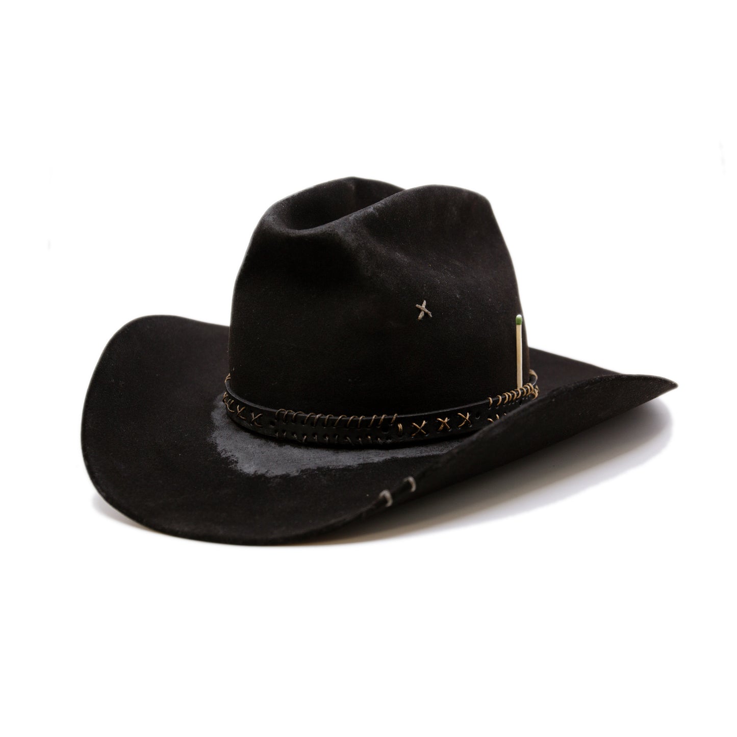 Stokksnes 100% felt hat in Black Western Weight ½” Black leather band with Japanese paper string ornaments Cattleman crease with donkey kick Western flanged brim Made in USA
