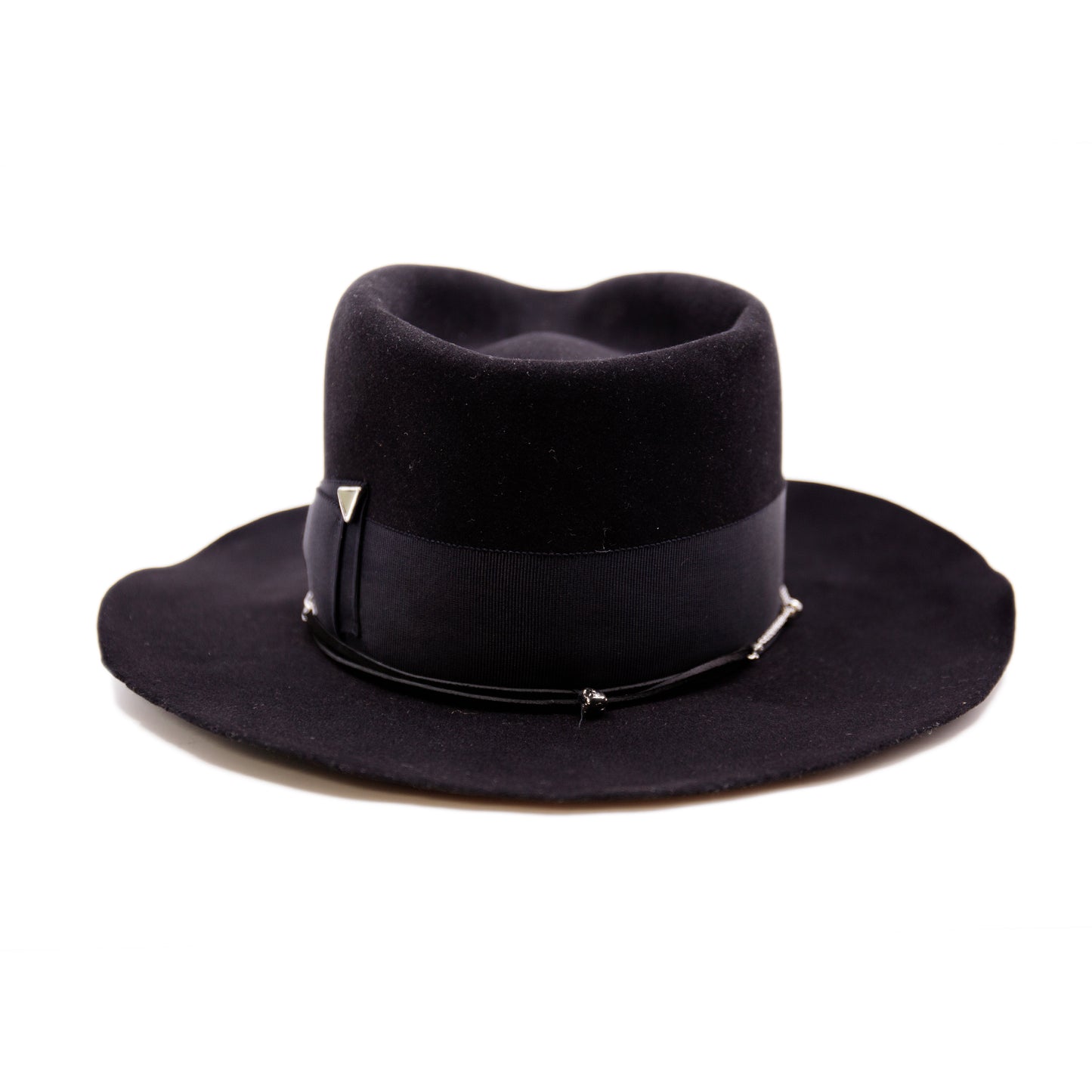 Dyrholaey 100% felt hat in Black Dress weight 2” tonal grosgrain band & bow NF alternating silver chain on base Organic uncut brim Made in USA