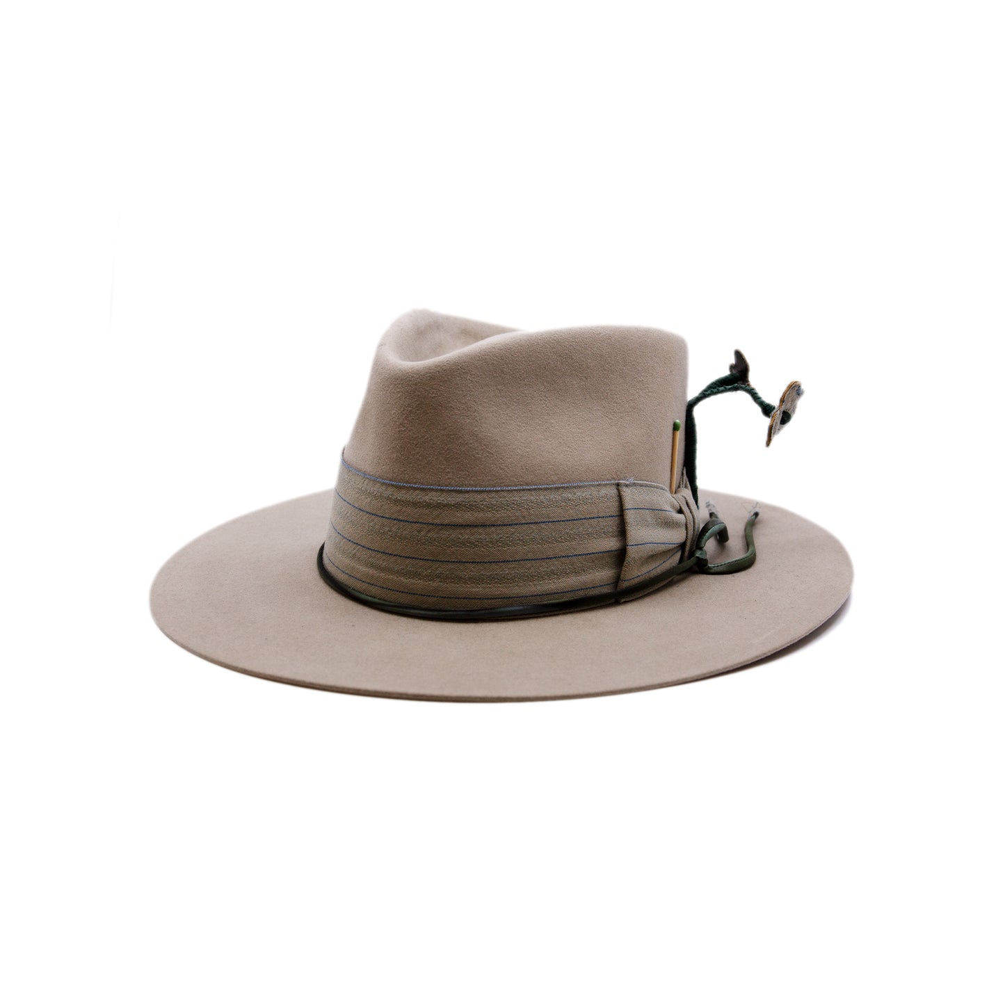 Villa St Cloud 100% felt hat in New Grey Dress Weight 2" custom NF lining band and bow Silk cord wrapped with NF fabrics on ends Handmade flowers with leather tips and NF fabric Slight flanged brim Made in USA