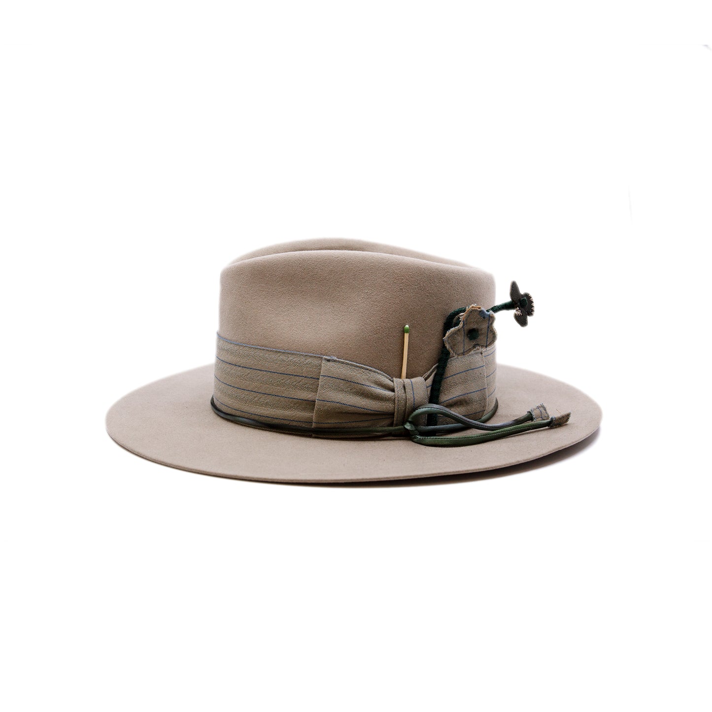 Villa St Cloud 100% felt hat in New Grey Dress Weight 2" custom NF lining band and bow Silk cord wrapped with NF fabrics on ends Handmade flowers with leather tips and NF fabric Slight flanged brim Made in USA