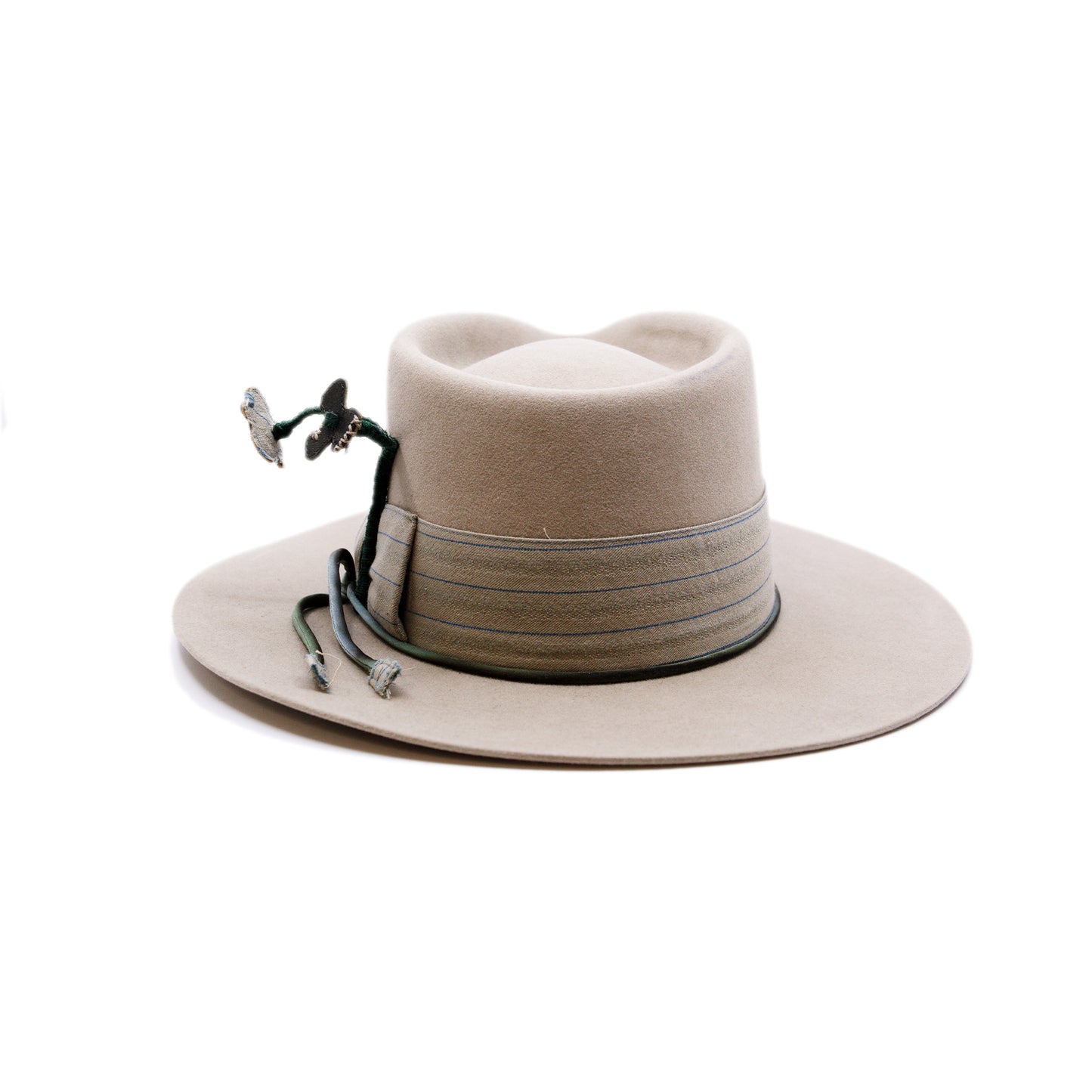 Villa St Cloud 100% felt hat in New Grey Dress Weight 2" custom NF lining band and bow Silk cord wrapped with NF fabrics on ends Handmade flowers with leather tips and NF fabric Slight flanged brim Made in USA