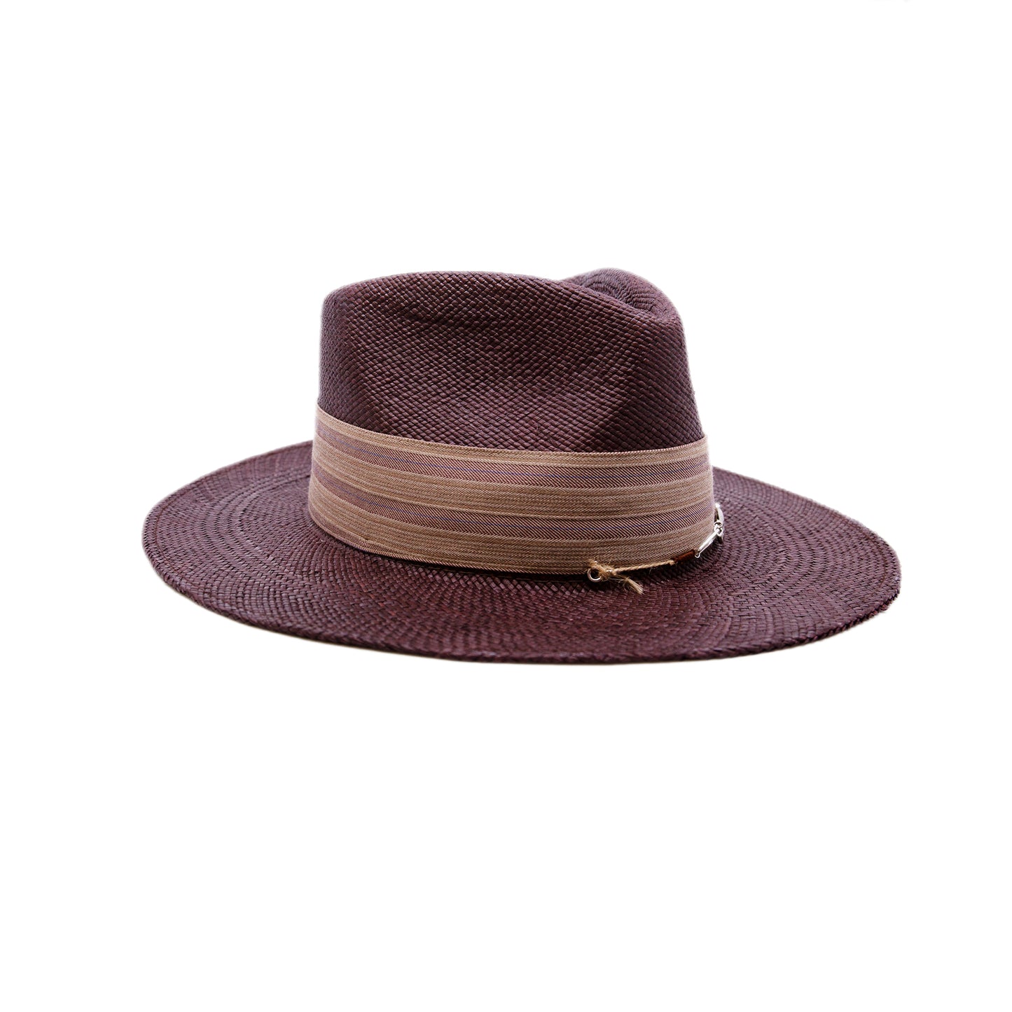 Ponta Beach 100% Ecuadorian straw in Maroon 2" NF custom linen band and bow NF Italian chain on base Woven in Ecuador Flat brim Made in USA