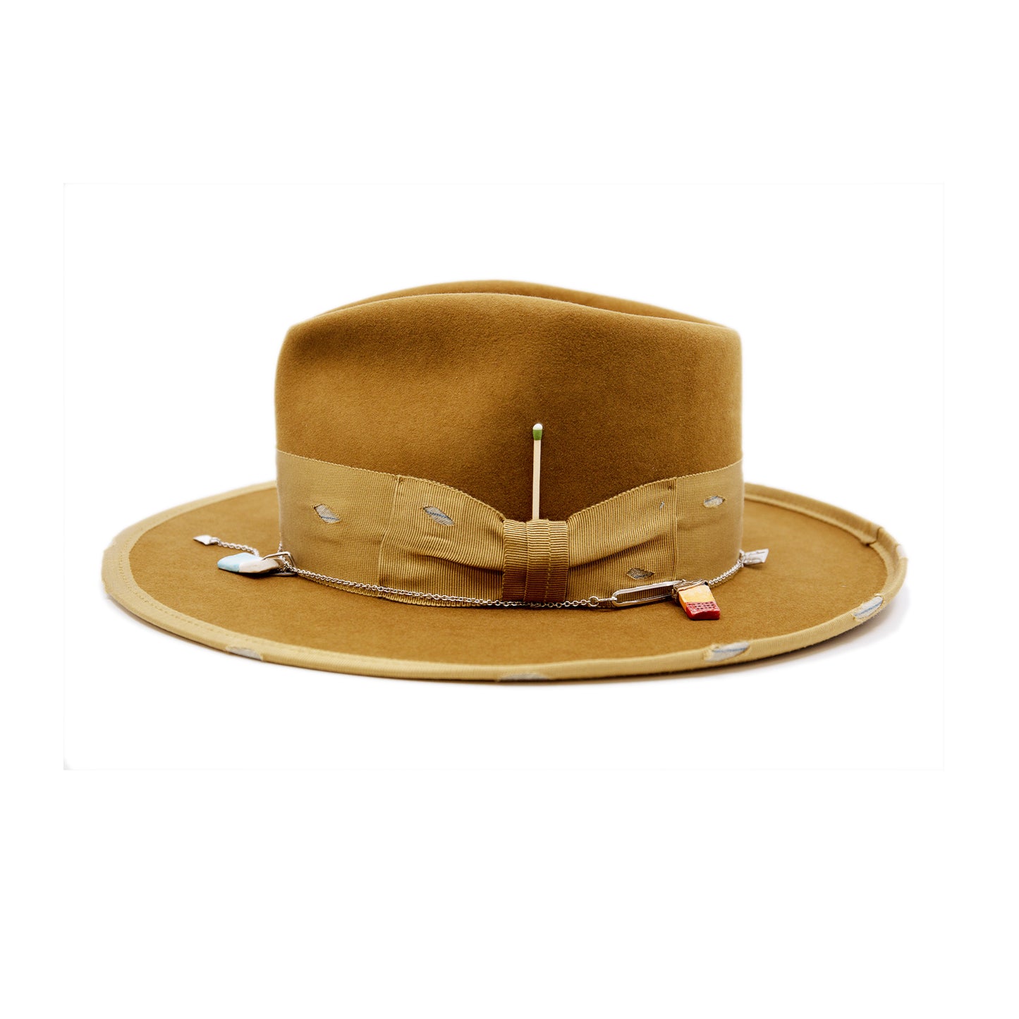 Côte Sauvage 100% felt hat in Baby Suede Dress Weight 2" distressed tonal grosgrain band and bow Blue NF fabric showing through band NF Italian chain on base Full binding Flat brim Made in USA