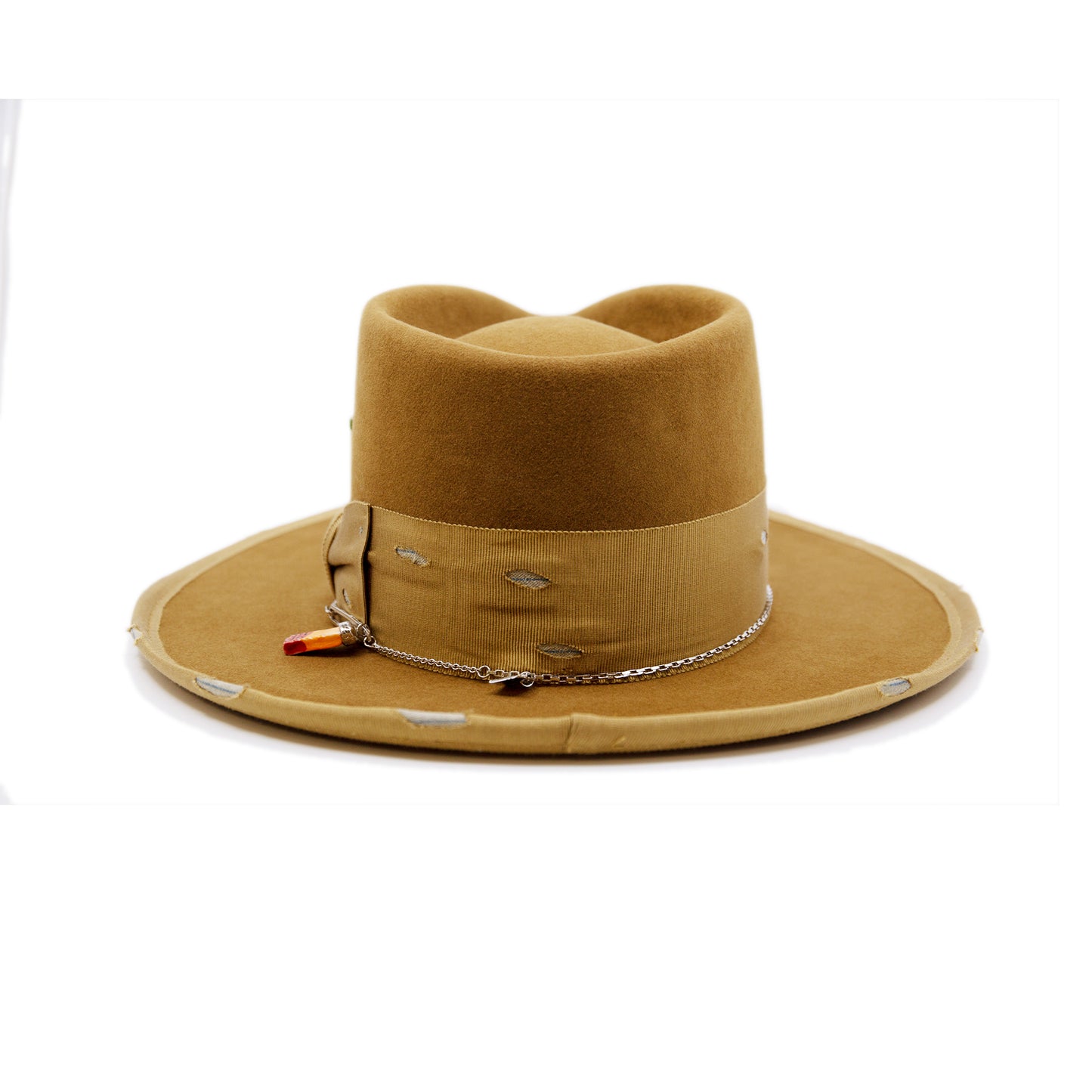 Côte Sauvage 100% felt hat in Baby Suede Dress Weight 2" distressed tonal grosgrain band and bow Blue NF fabric showing through band NF Italian chain on base Full binding Flat brim Made in USA