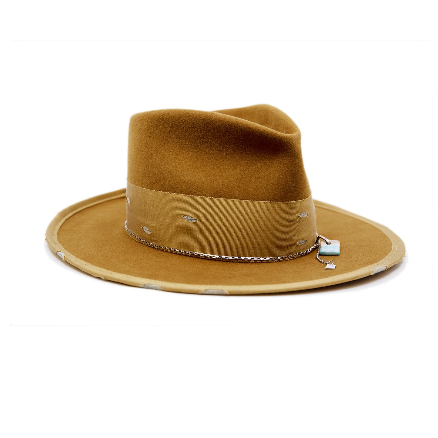 Côte Sauvage 100% felt hat in Baby Suede Dress Weight 2" distressed tonal grosgrain band and bow Blue NF fabric showing through band NF Italian chain on base Full binding Flat brim Made in USA