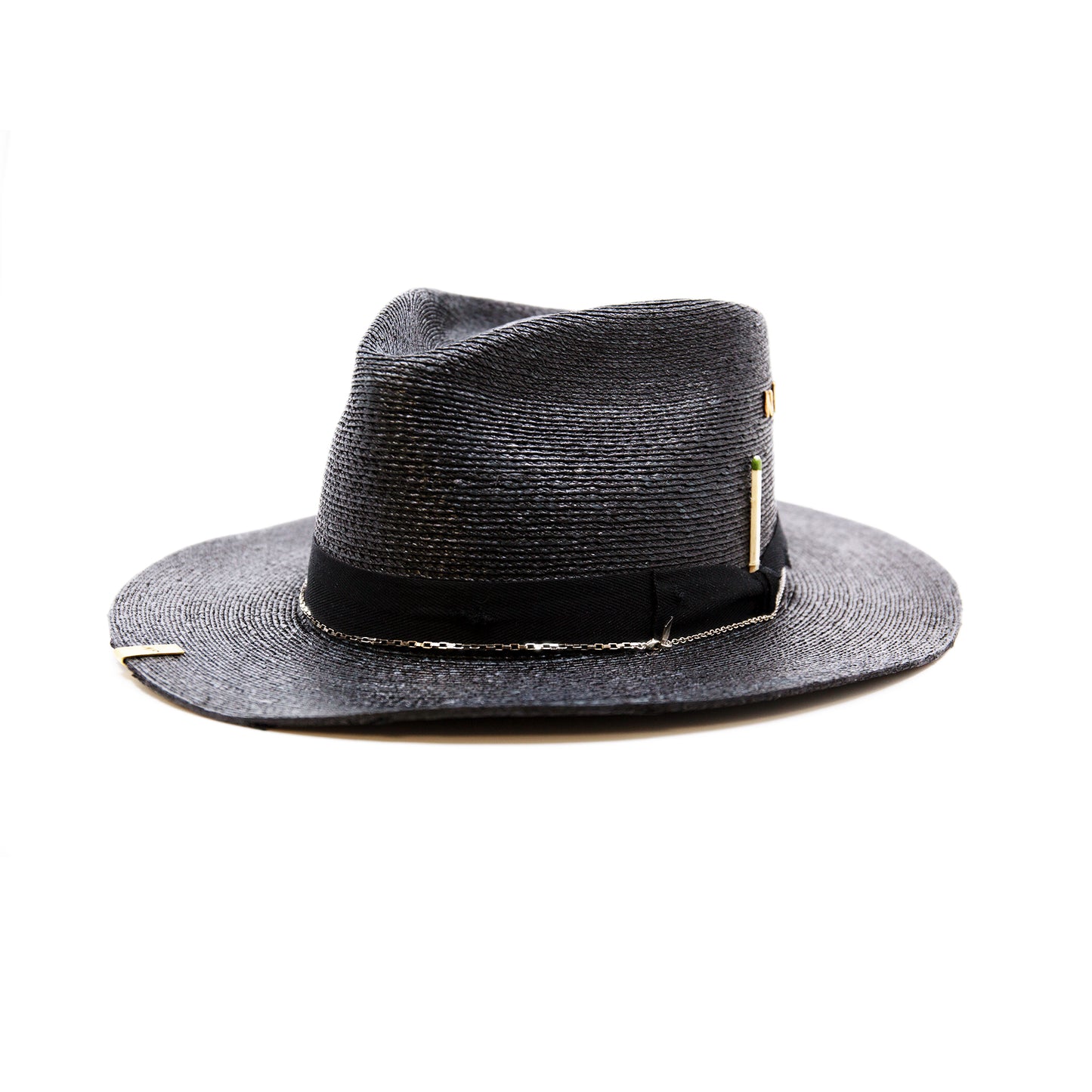 Numero 41 100% Mexican straw in Black 1" black herringbone band and bow with light distressing NF Italian chain on base Cartridge brass hat swag clip NF jewelry pieces on crown Woven in Mexico Slight cowboy flanged brim Made in USA