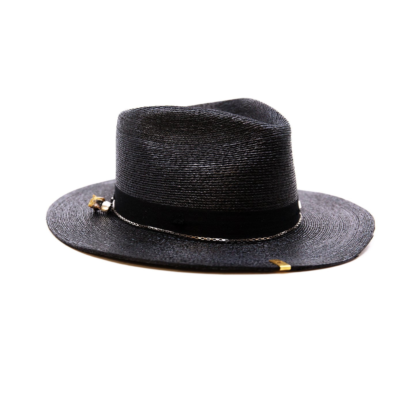 Numero 41 100% Mexican straw in Black 1" black herringbone band and bow with light distressing NF Italian chain on base Cartridge brass hat swag clip NF jewelry pieces on crown Woven in Mexico Slight cowboy flanged brim Made in USA