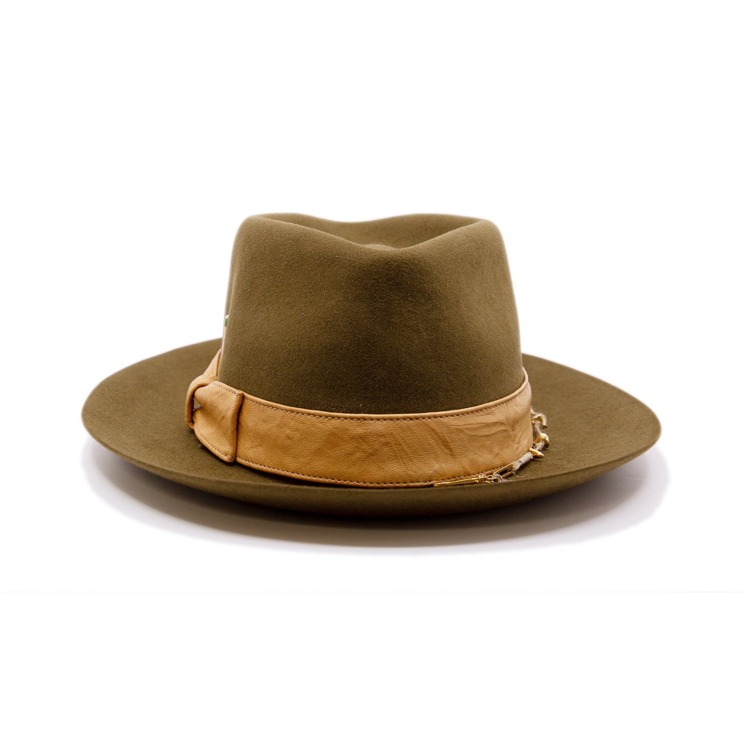 Temple of Mediclaytion Hat 100% felt hat in Olive Oil Dress Weight 1 1/2" borello leather band and bow in natural Rectangular handmade ceramic on crown NF Italian chain on base Flanged brim Made in USA
