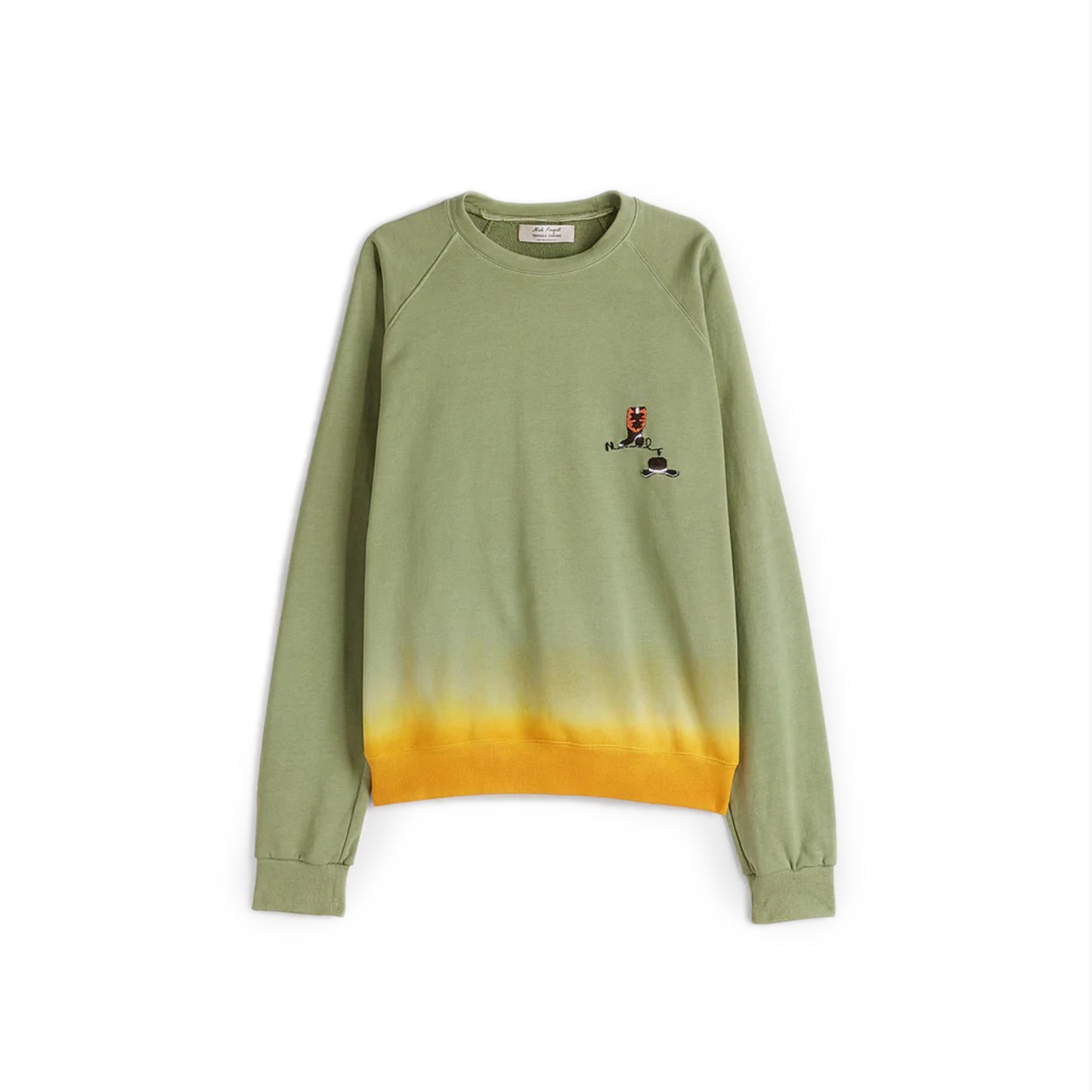 Ulfred Sweatshirt Medium green crewneck sweatshirt Embroidered artwork at chest Tie dyed yellow hem Composition: 100% cotton Dry clean Country of origin: Italy