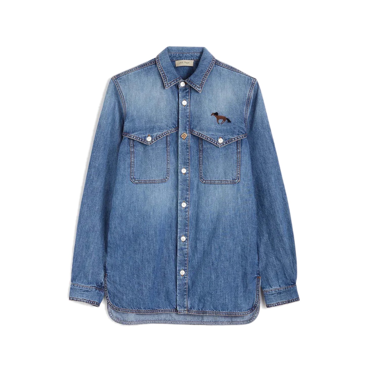 Virgilio Shirt Light Blue long sleeves denim shirt Washed denim chambray Embroidery above left front pocket NF mix and match buttons Hidden message label inside, left side. Composition: 100% cotton Dry clean Country of origin: Italy