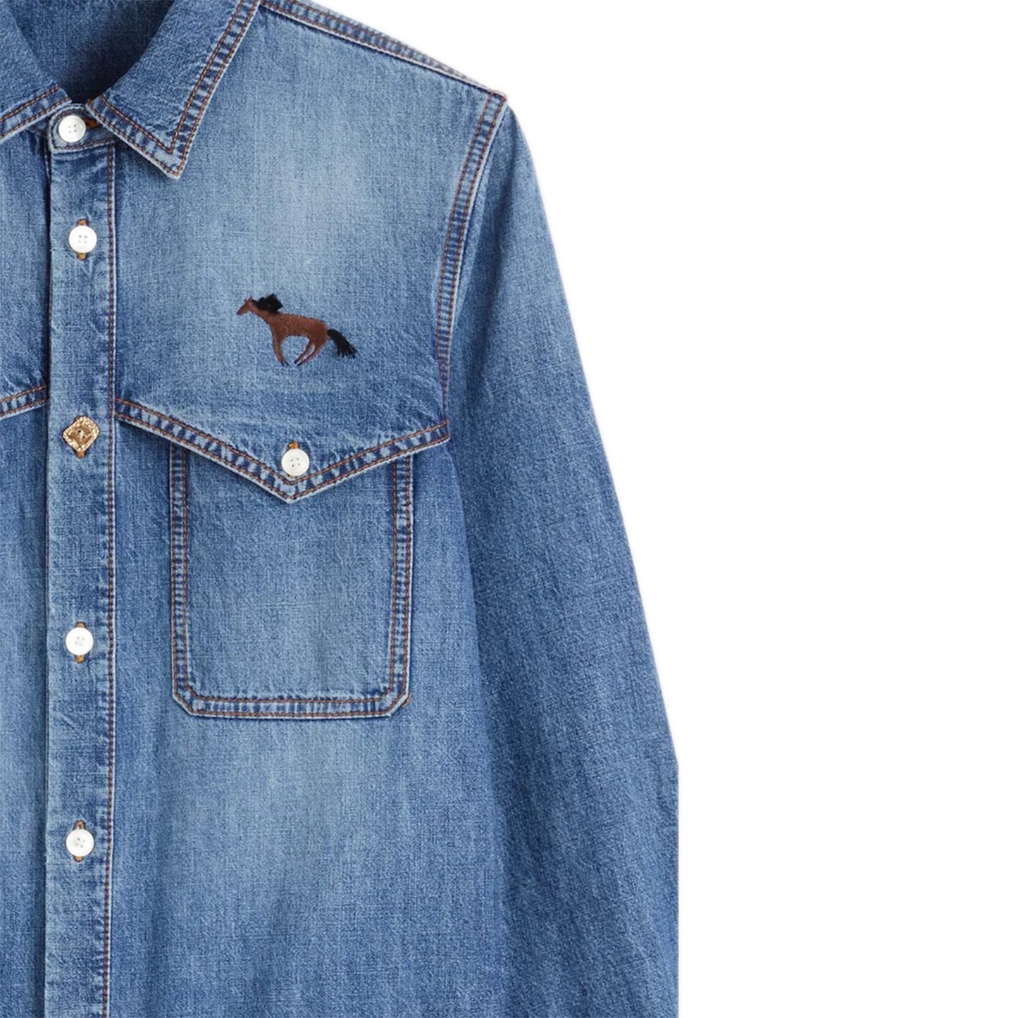 Virgilio Shirt Light Blue long sleeves denim shirt Washed denim chambray Embroidery above left front pocket NF mix and match buttons Hidden message label inside, left side. Composition: 100% cotton Dry clean Country of origin: Italy