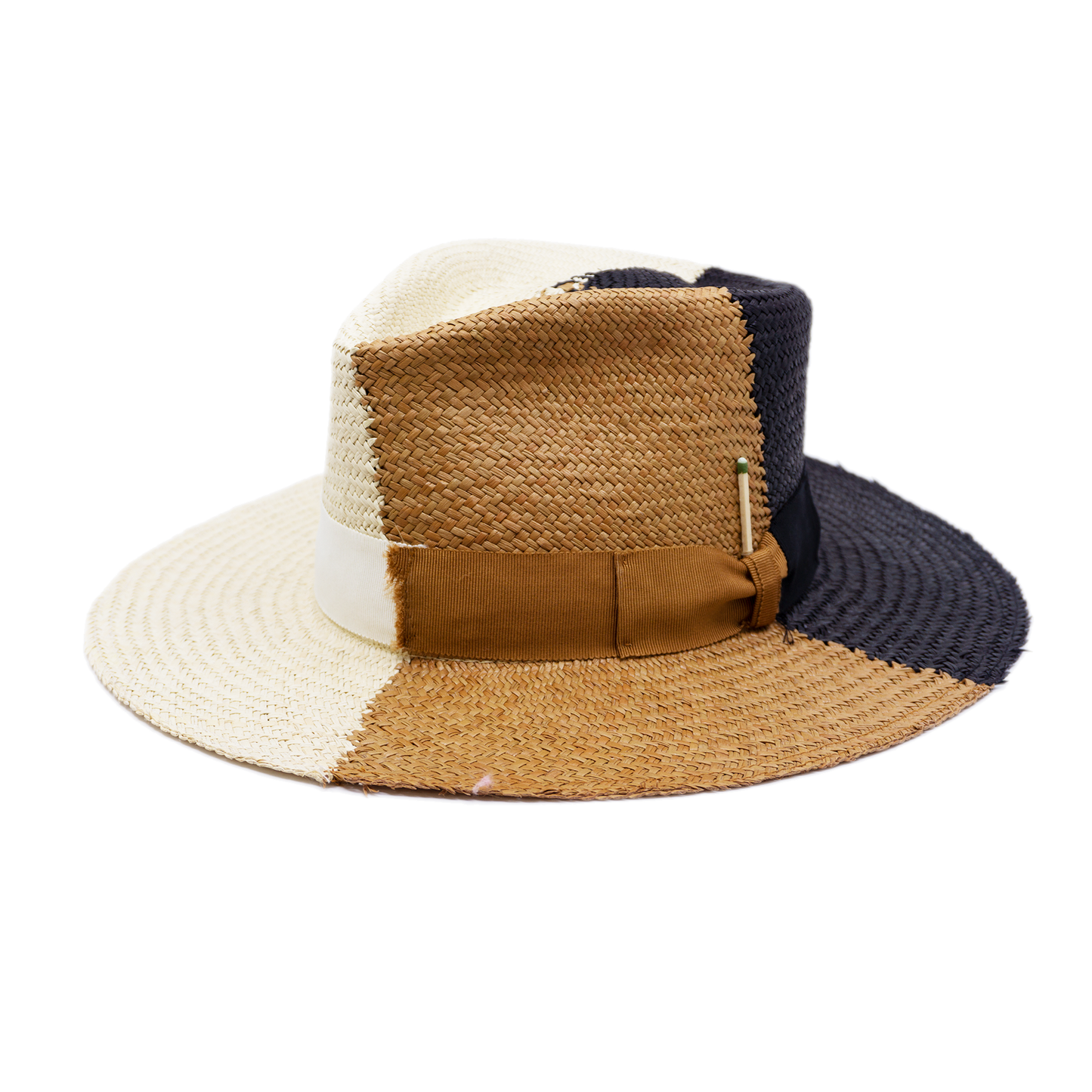 100% Ecuadorian straw in Tricolor; Natural,  Black,  and White   1 ½” Tonal grosgrain band and bow  with matching straw   Light grosgrain  fraying on band and brim    Woven in Ecuador  Lightly frayed brim  Made in USA