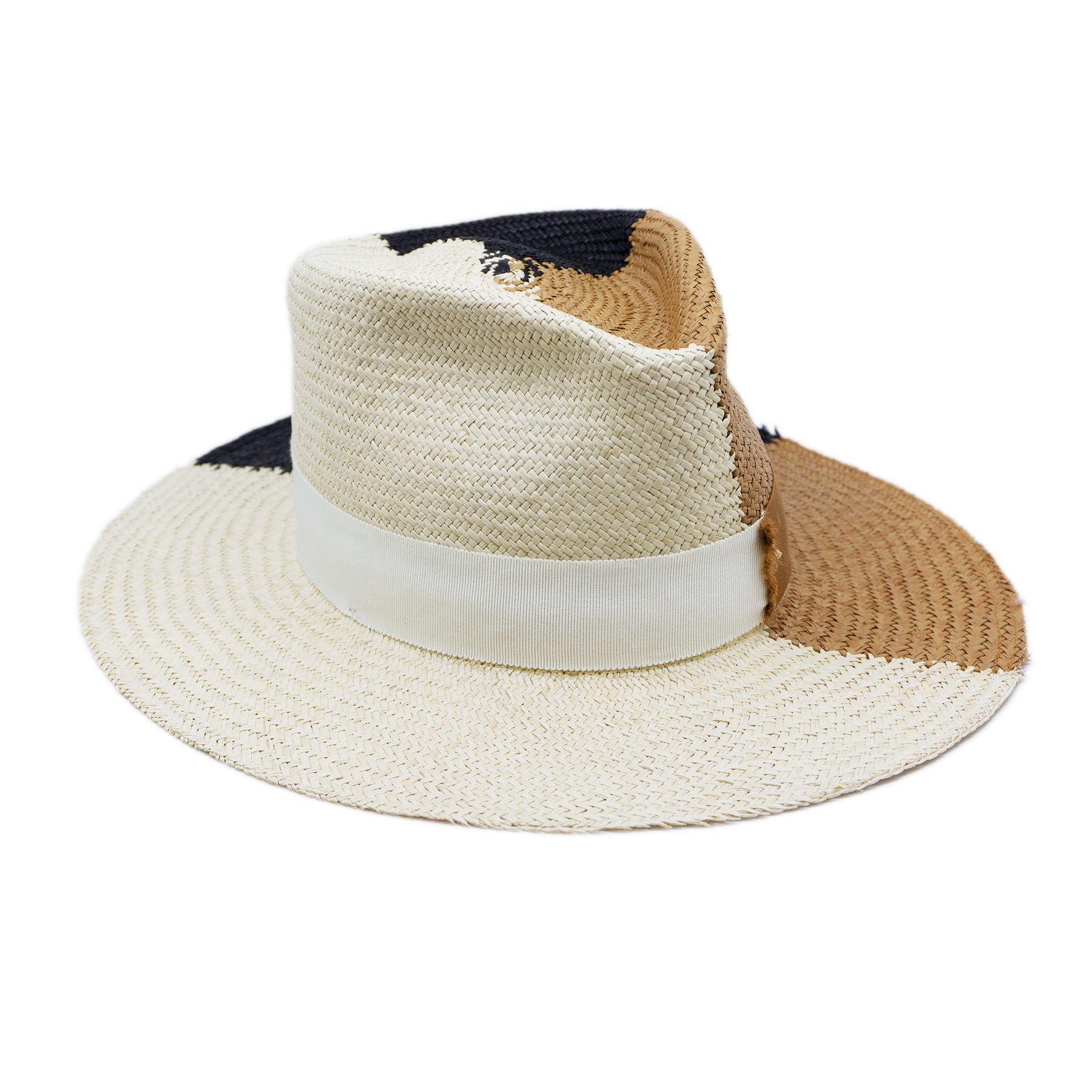 100% Ecuadorian straw in Tricolor; Natural,  Black,  and White   1 ½” Tonal grosgrain band and bow  with matching straw   Light grosgrain  fraying on band and brim    Woven in Ecuador  Lightly frayed brim  Made in USA
