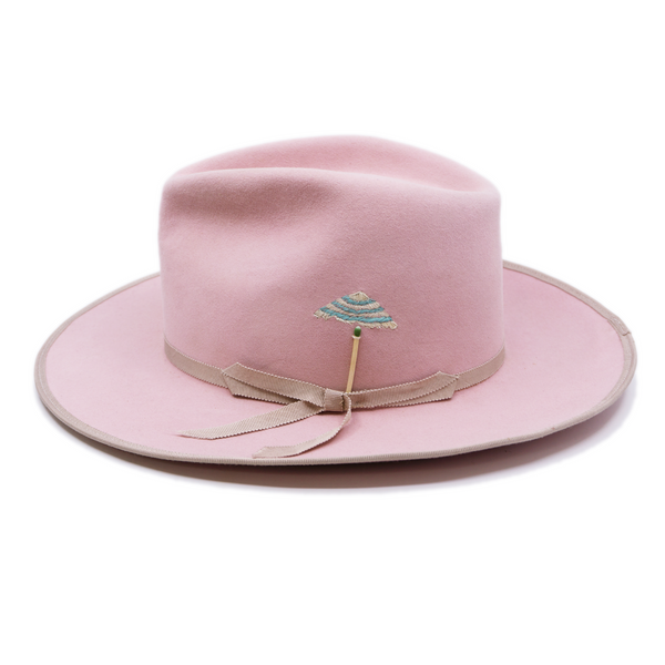100% felt hat in Rose  Dress Weight   9mm" beige grosgrain ribbon band  and binding   Embroidered umbrella  matchstick artwork throughout  Flat to flanged brim  Made in USA 