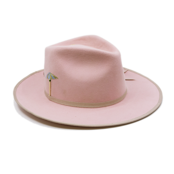 100% felt hat in Rose  Dress Weight   9mm" beige grosgrain ribbon band  and binding   Embroidered umbrella  matchstick artwork throughout  Flat to flanged brim  Made in USA 