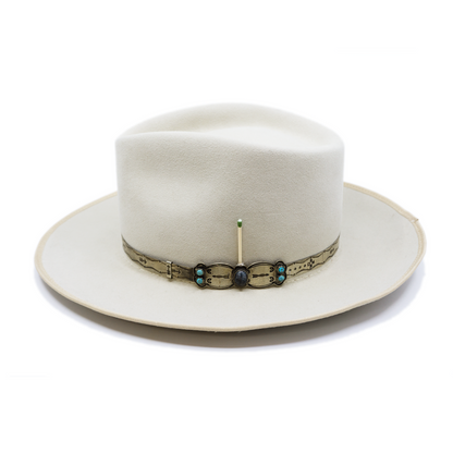 100% felt hat in Boneyard  Dress Weight   Embossed NF silver icon band with turquoise details   12mm Tonal binding on  brim   Flanged brim  Made in USA 