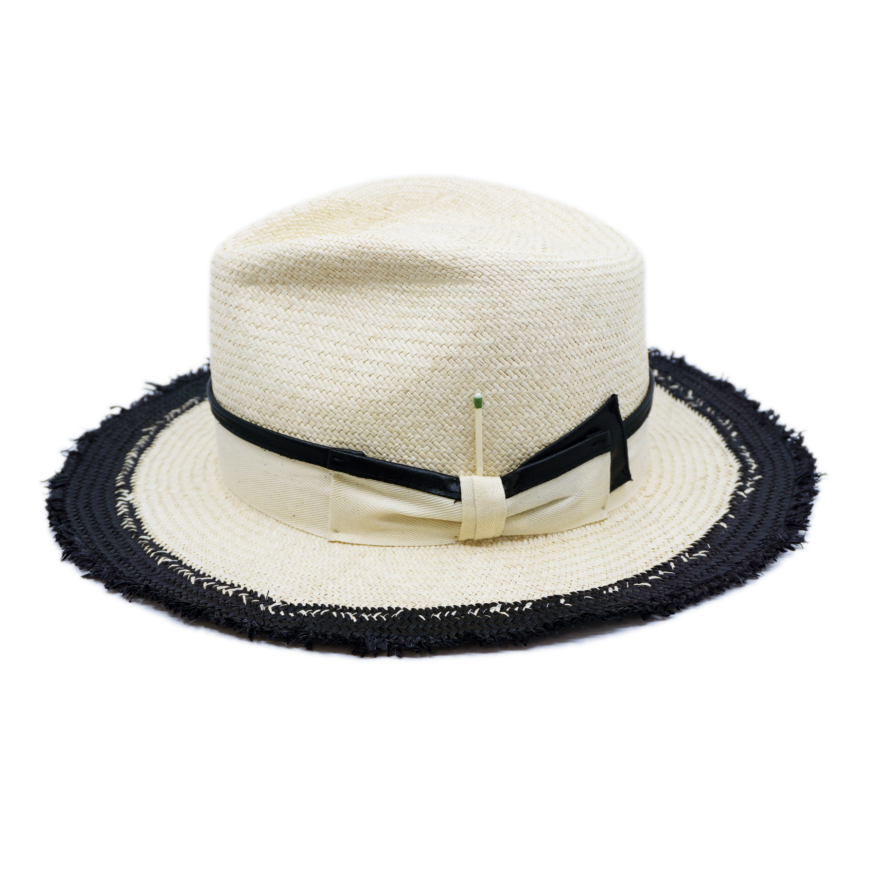 100% Ecuadorian straw in Black and White  1 ½” Leather trimmed grosgrain band with black leather back bow   Woven in Ecuador Frayed brim Made in USA