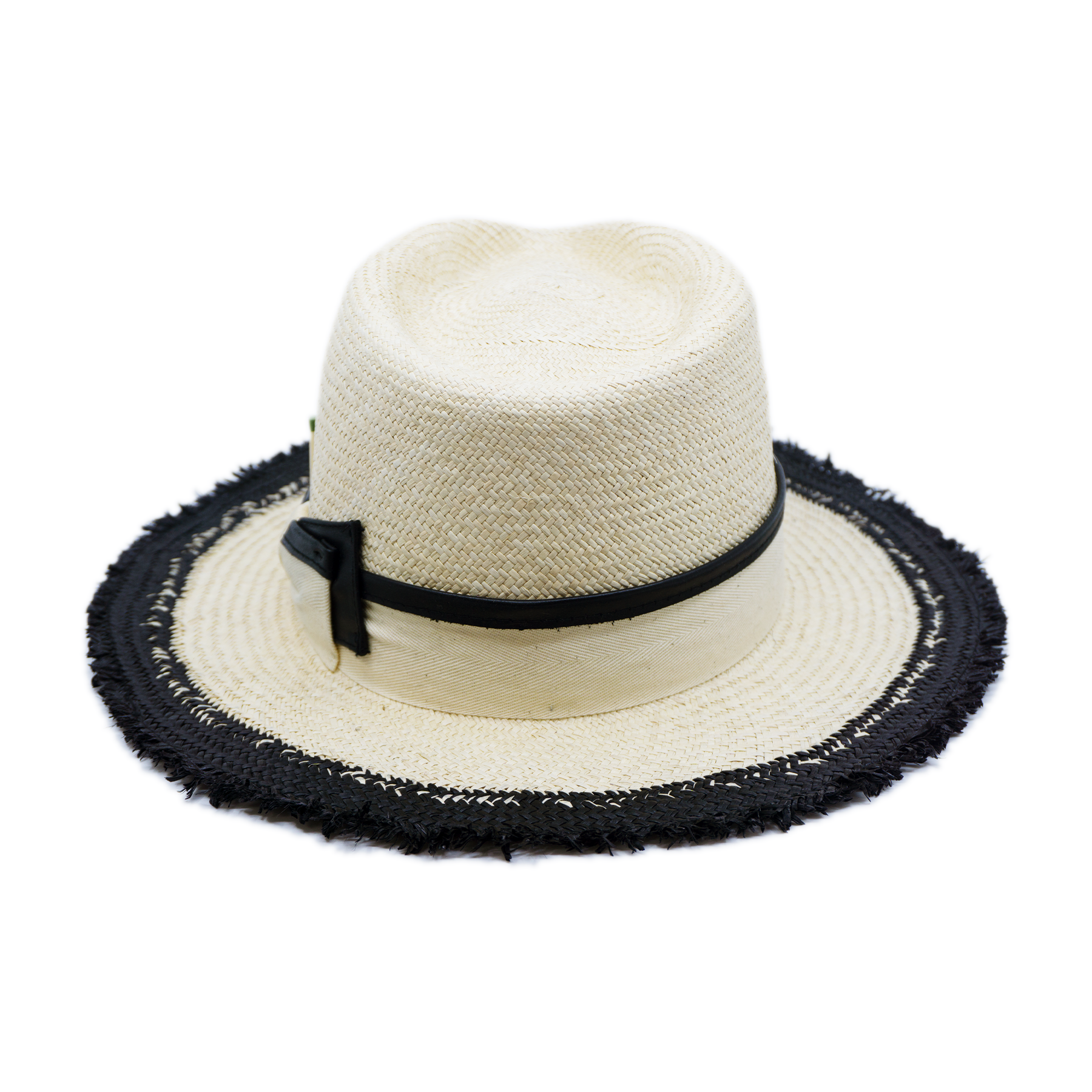 100% Ecuadorian straw in Black and White  1 ½” Leather trimmed grosgrain band with black leather back bow   Woven in Ecuador Frayed brim Made in USA