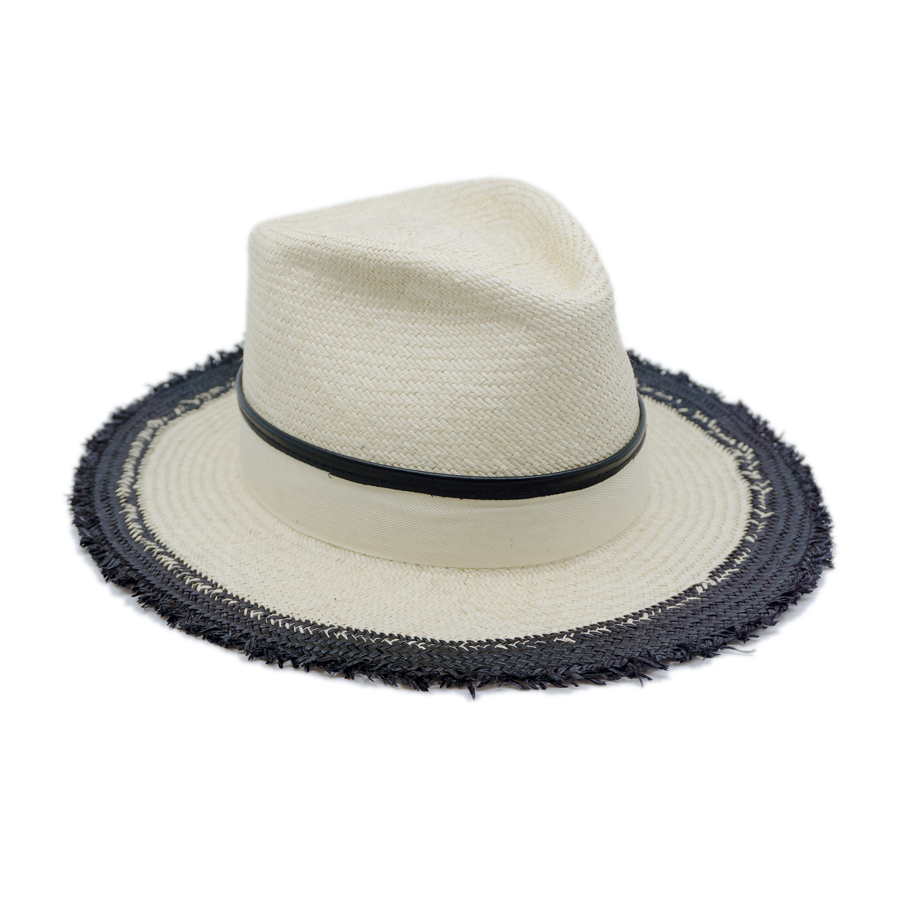 100% Ecuadorian straw in Black and White  1 ½” Leather trimmed grosgrain band with black leather back bow   Woven in Ecuador Frayed brim Made in USA