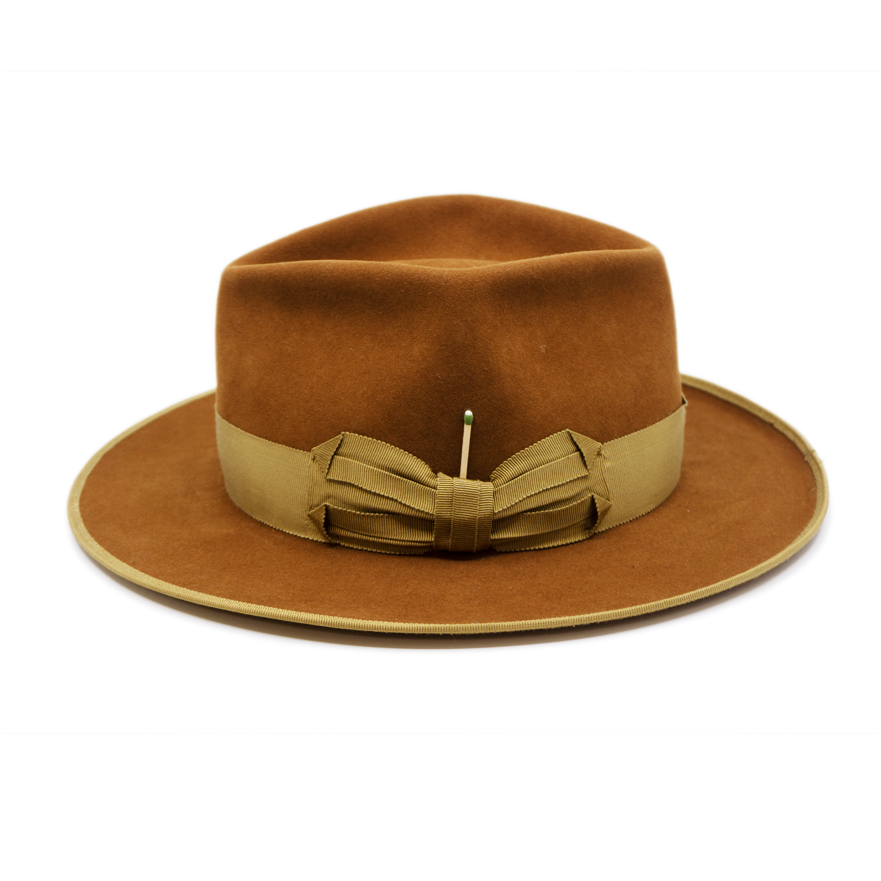 100% felt hat in Tobacco  Dress  Weight   1 ½” Grosgrain beige band with special bow  Custom NF brush in leather holder   Brass matchsticks and leaves throughout   12mm grosgrain beige binding  Light back pencil curled  brim  Made in USA