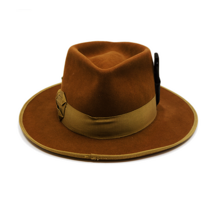 100% felt hat in Tobacco  Dress  Weight   1 ½” Grosgrain beige band with special bow  Custom NF brush in leather holder   Brass matchsticks and leaves throughout   12mm grosgrain beige binding  Light back pencil curled  brim  Made in USA