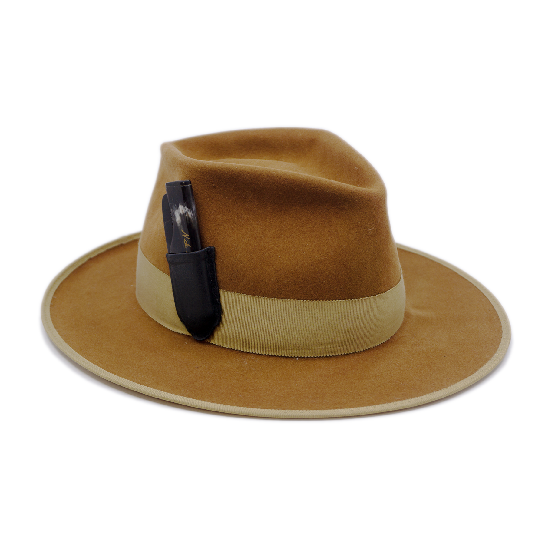 100% felt hat in Tobacco  Dress  Weight   1 ½” Grosgrain beige band with special bow  Custom NF brush in leather holder   Brass matchsticks and leaves throughout   12mm grosgrain beige binding  Light back pencil curled  brim  Made in USA