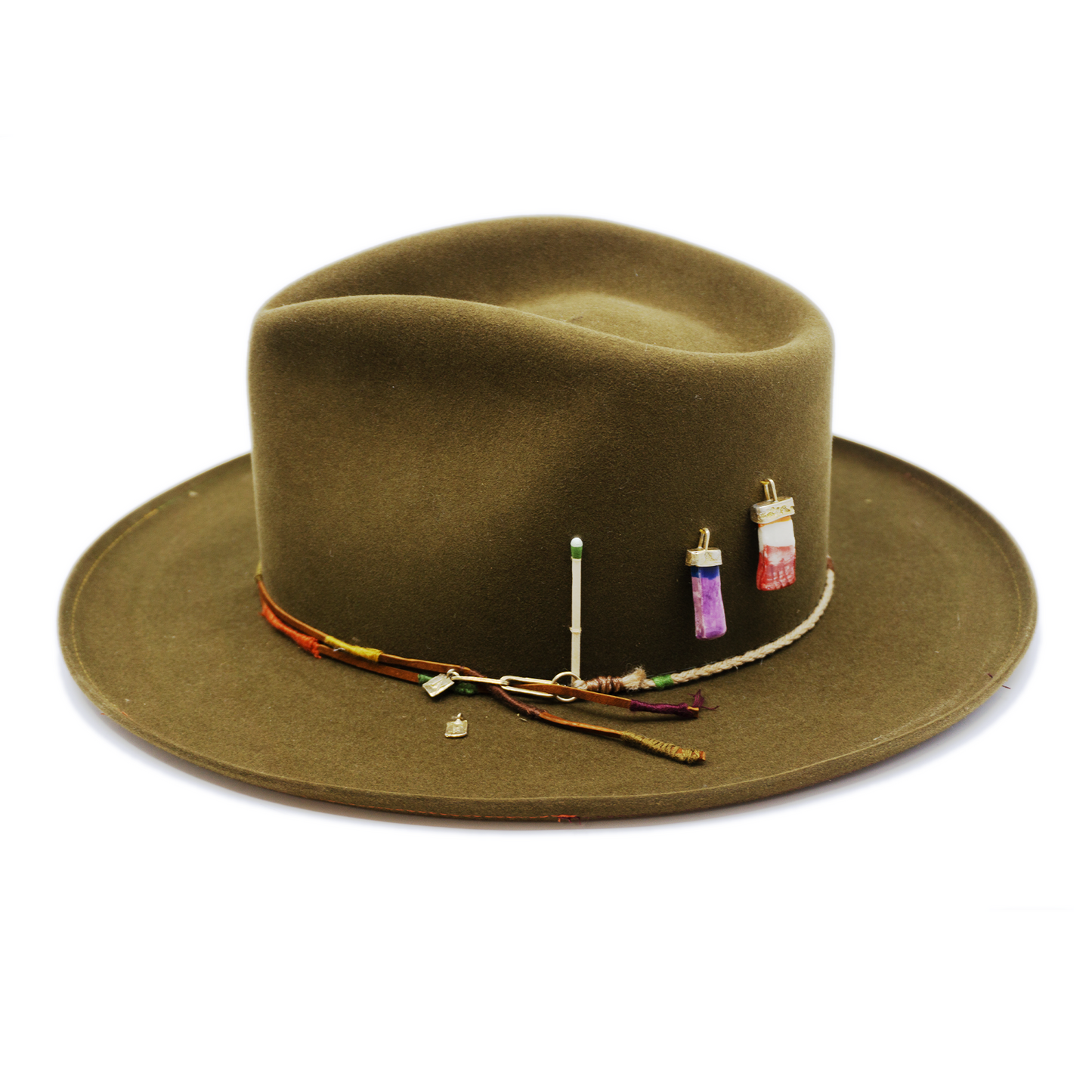 100% felt hat in New Green  Western  Weight   Braided twine and suede cord   with multicolor accents  threads   Italian ceramic pieces  on crown  Pencil curled  brim  Made in USA