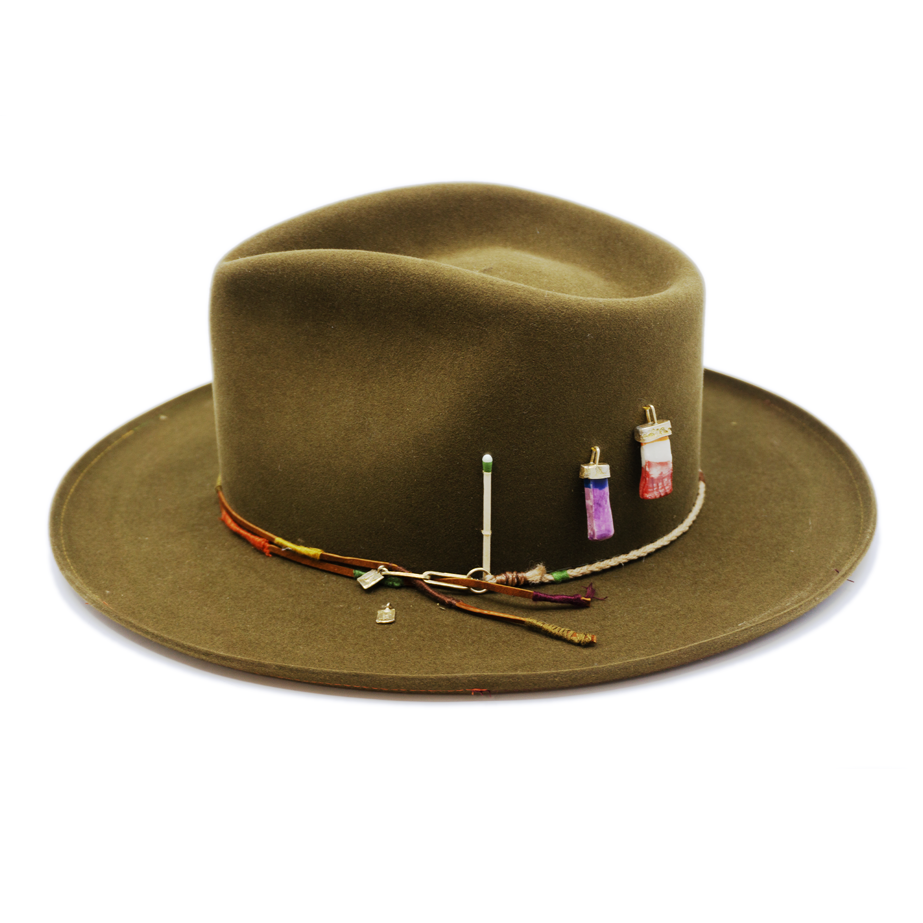 100% felt hat in New Green  Western  Weight   Braided twine and suede cord   with multicolor accents  threads   Italian ceramic pieces  on crown  Pencil curled  brim  Made in USA