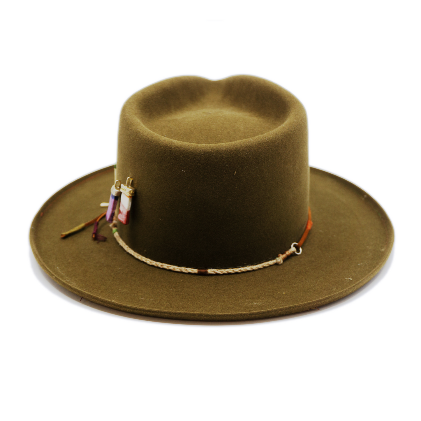 100% felt hat in New Green  Western  Weight   Braided twine and suede cord   with multicolor accents  threads   Italian ceramic pieces  on crown  Pencil curled  brim  Made in USA