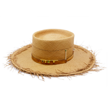 100% Ecuadorian straw in Natural   ¾” Reishi leather band  NF Gold plated ceramic broach &   button   Woven in Ecuador  Natural brim  Made in USA