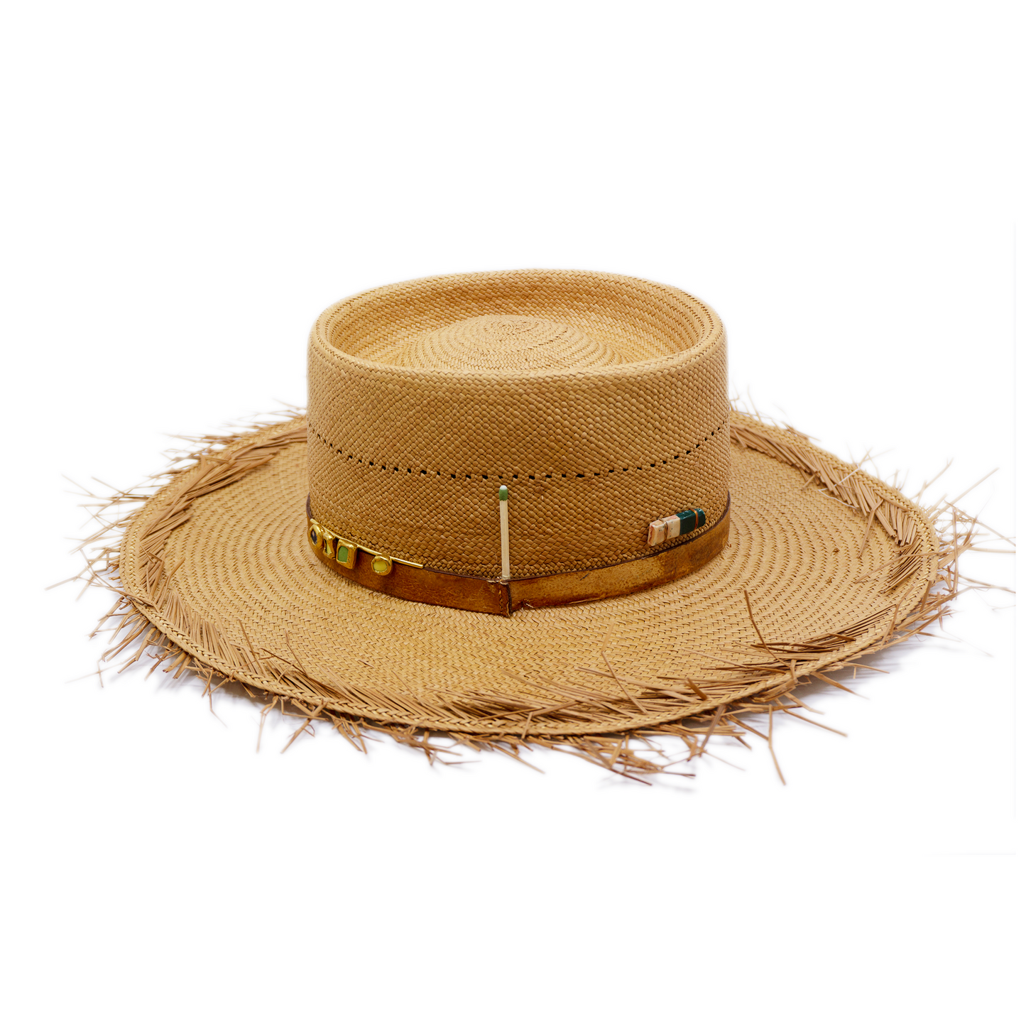 100% Ecuadorian straw in Natural   ¾” Reishi leather band  NF Gold plated ceramic broach &   button   Woven in Ecuador  Natural brim  Made in USA