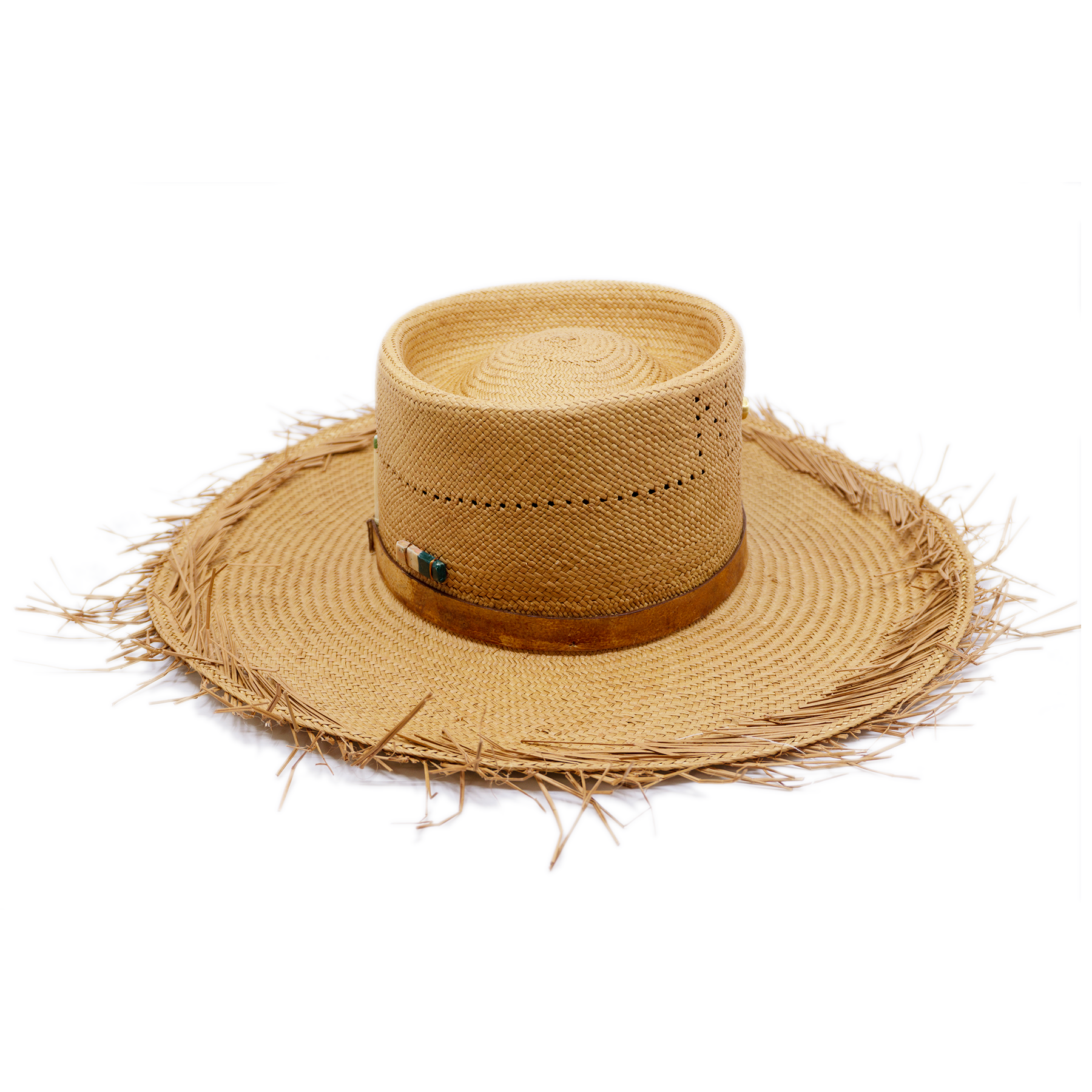 100% Ecuadorian straw in Natural   ¾” Reishi leather band  NF Gold plated ceramic broach &   button   Woven in Ecuador  Natural brim  Made in USA