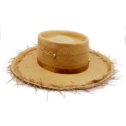 100% Ecuadorian straw in Natural   ¾” Reishi leather band  NF Gold plated ceramic broach &   button   Woven in Ecuador  Natural brim  Made in USA