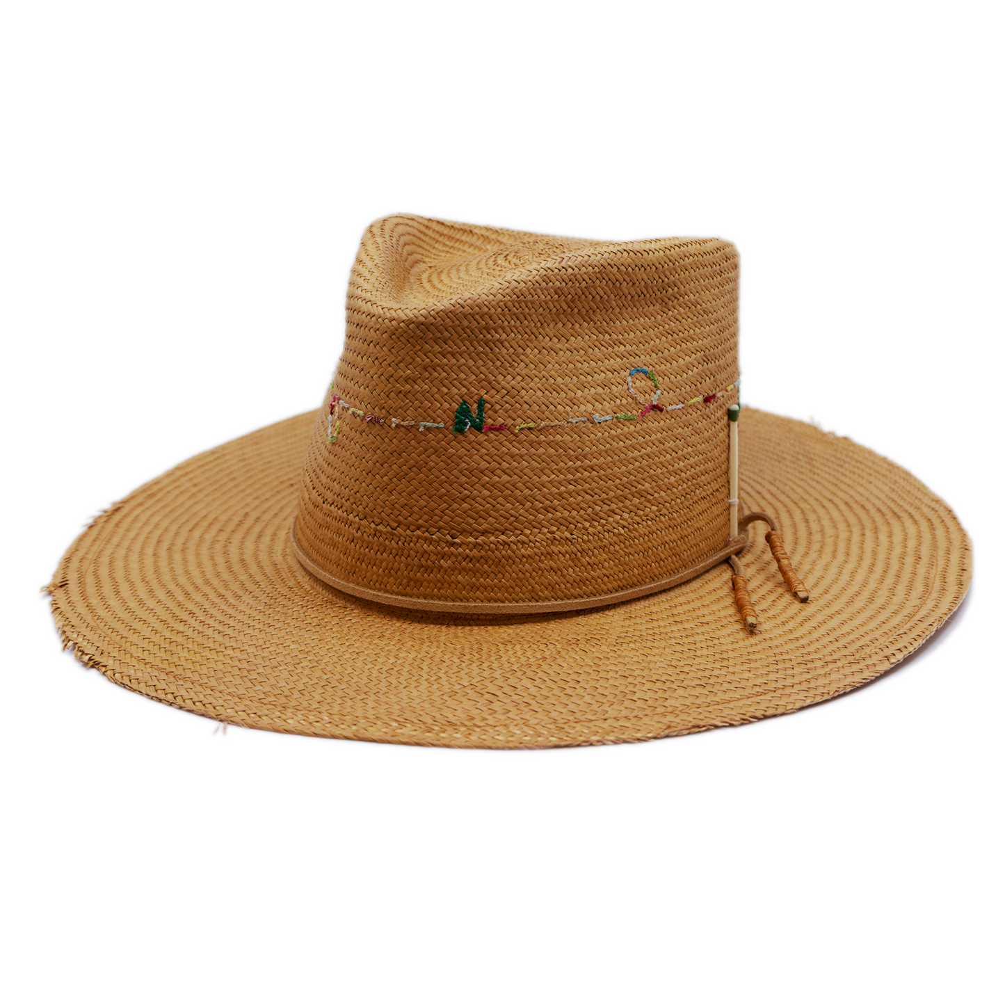 100% Ecuadorian straw in Natural Brown  Suede cord with japanese wax   thread ends band  Multicolor N—-F embroidery around crown   Woven in Ecuador  Lightly frayed brim  Made in USA  