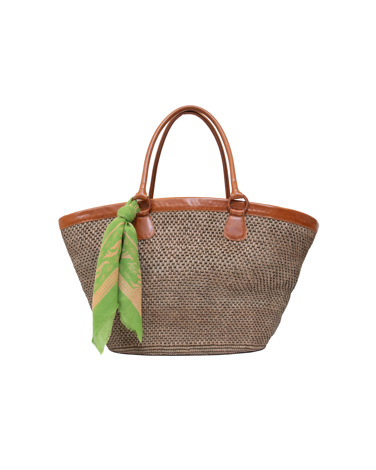 Mer Vert Ecuadorian straw tote bag with brown vachetta leather handles and trim, featuring a green patterned scarf tied to one handle.