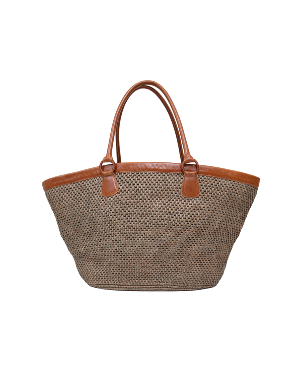 Mer Vert woven Ecuadorian straw tote bag with tan vachetta leather trim and dual top handles.