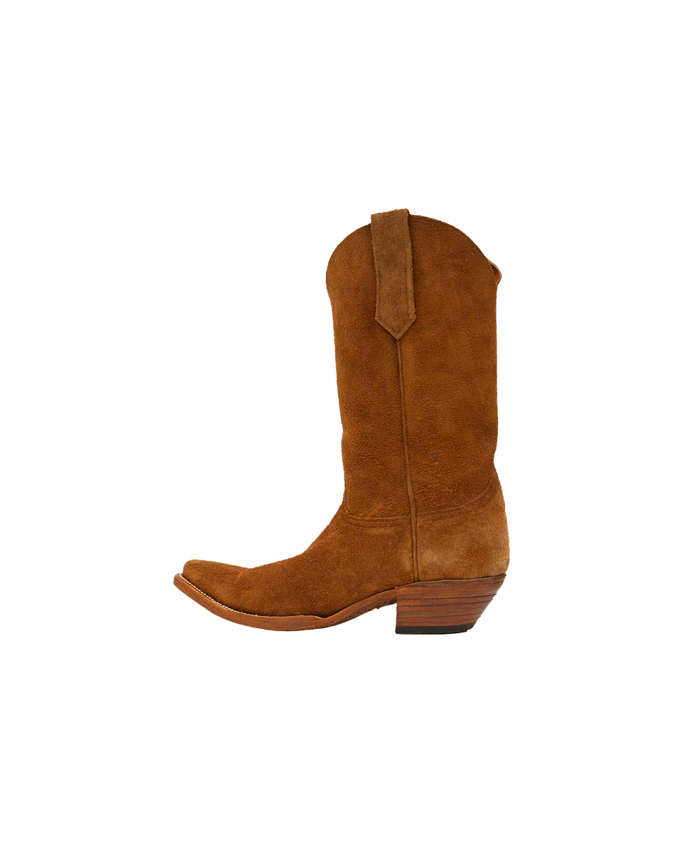 Serpent Cutter whiskey brown suede cowboy boot with a pointed toe and a stacked wooden cowboy heel.
