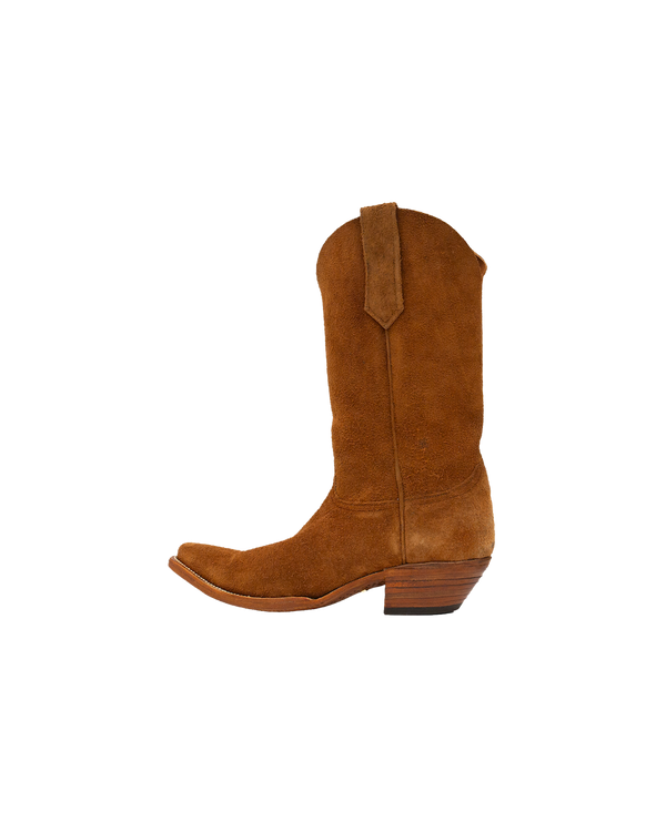 Serpent Cutter whiskey brown suede cowboy boot with a pointed toe and a stacked wooden cowboy heel.