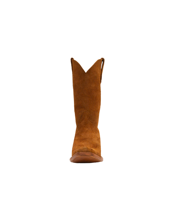 Serpent Cutter whiskey brown cowboy boot in tan suede with a pointed toe and a cowboy heel.