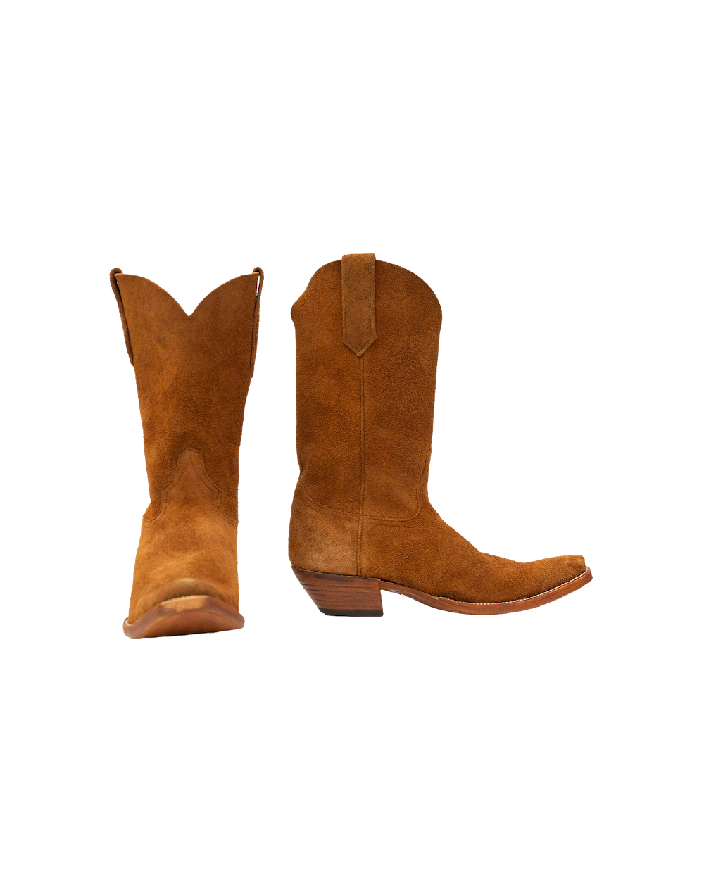Two whiskey brown suede Serpent Cutter western-style boots with cowboy heels shown from the front and side.
