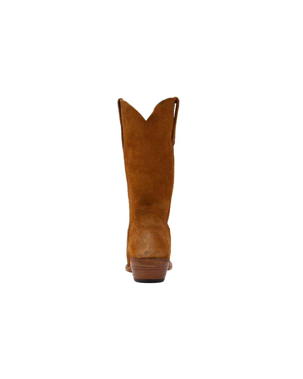 Back view of a whiskey brown suede Serpent Cutter cowboy boot with a stacked wooden heel.