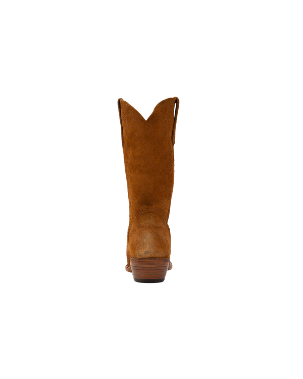Back view of a whiskey brown suede Serpent Cutter cowboy boot with a stacked wooden heel.