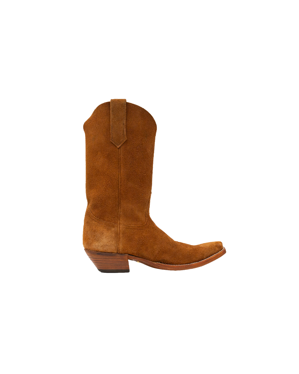 Serpent Cutter whiskey brown suede cowboy boot with a pointed toe and a stacked cowboy heel.