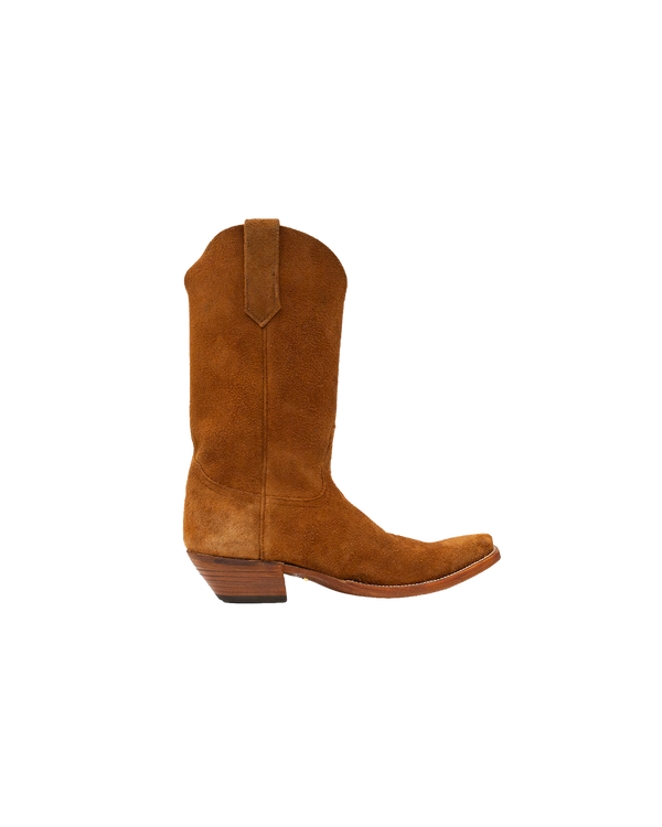 Serpent Cutter whiskey brown suede cowboy boot with a pointed toe and a stacked cowboy heel.