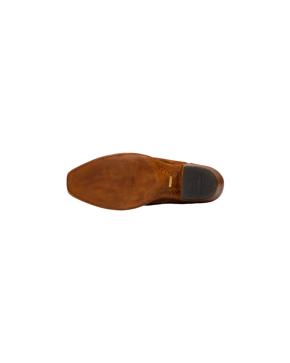The sole of a whiskey brown Serpent Cutter leather boot with a stacked cowboy heel.