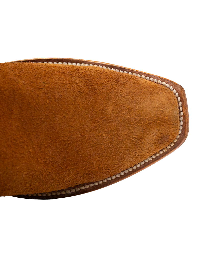 Serpent Cutter whiskey brown square-toe boot with a tan suede finish, cowboy heel, and light-colored welt stitching.