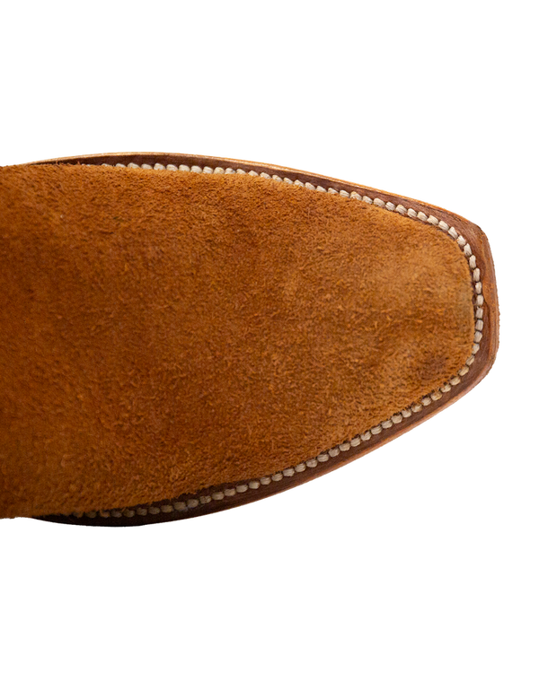 Serpent Cutter whiskey brown square-toe boot with a tan suede finish, cowboy heel, and light-colored welt stitching.