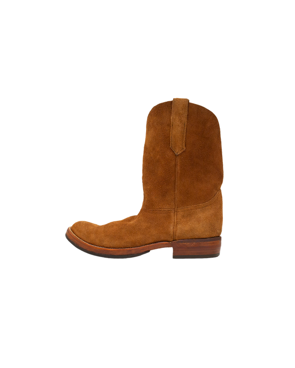 Silo Roper western-style boots in whiskey brown rough-out hide with a low block heel.