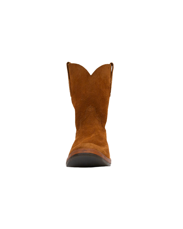 Front view of a whiskey brown suede Silo Roper cowboy boot with a stacked heel.